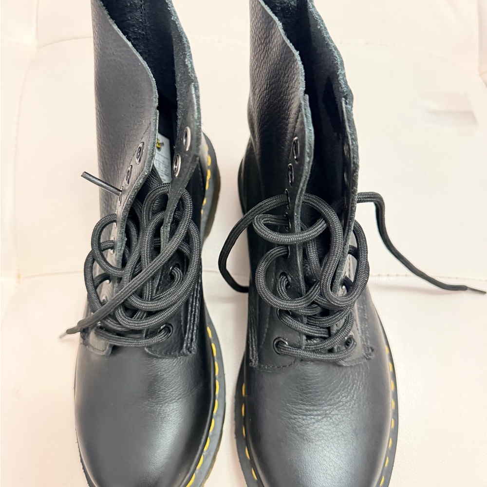 Dr. Martens Black Leather Boots with Yellow Logo Tag